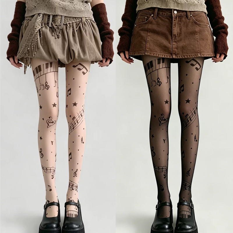 Tights Pantyhose Sheer - Y2K Strumpfhose mit Musiknoten-Print, transparente Strumpfhose