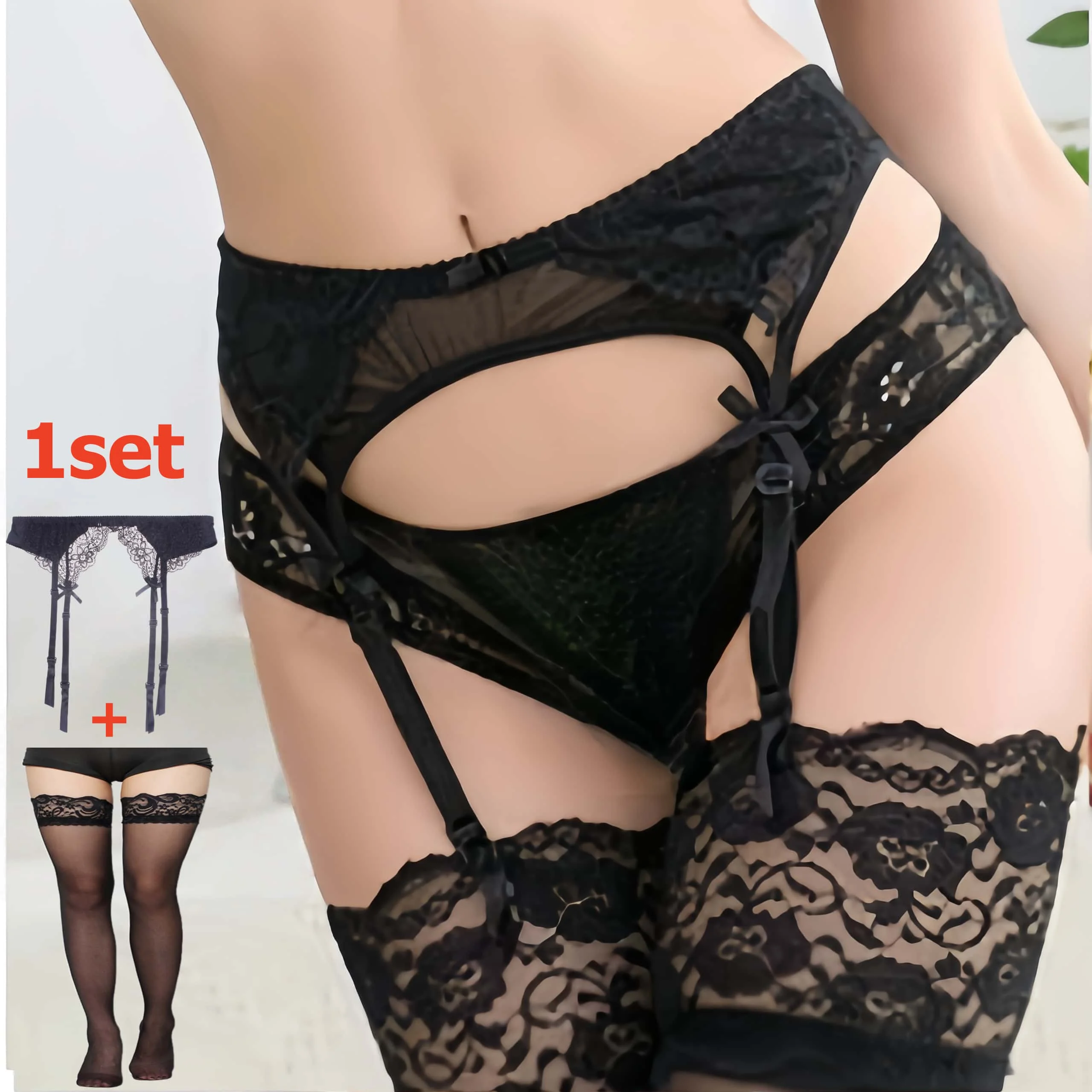 Tights Pantyhose Sheer - 2-teiliges Damen-Set mit Spitzenstrümpfen und Strumpfhalter,